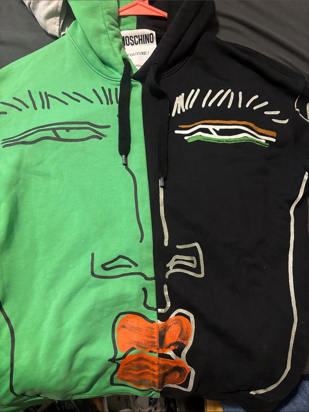 Moschino Men’s Green, Black & Orange Split-Face Zip Hoodie